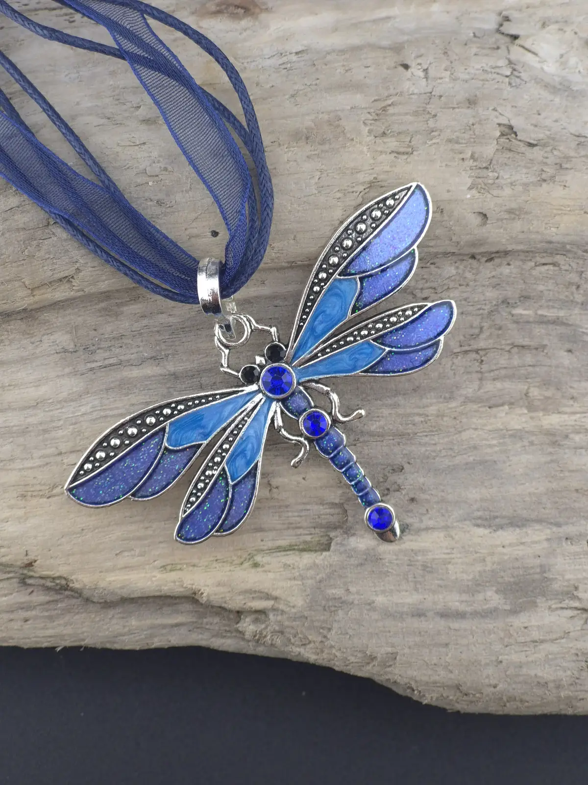 Blue Enamel Dragonfly Pendant With Rhinestone Body - Image 2