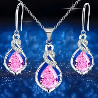 Pink Synthetic Gem Rhinestone Pendant with Matching French Hook Earrings Set