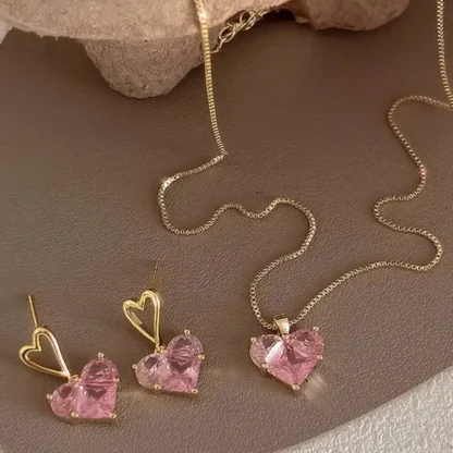 Pink Synthetic Gem Necklace With Golden Heart Dangle Earrings Set