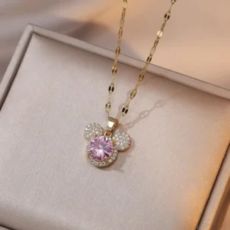 Pink Synthetic Gem "Cartoon Mouse" Pendant With Rhinestoness