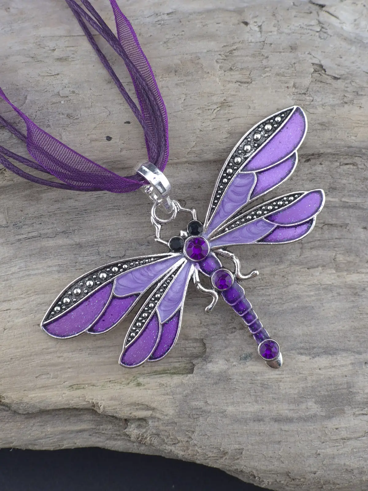 Purple Enamel Dragonfly Pendant With Rhinestone Body - Image 2