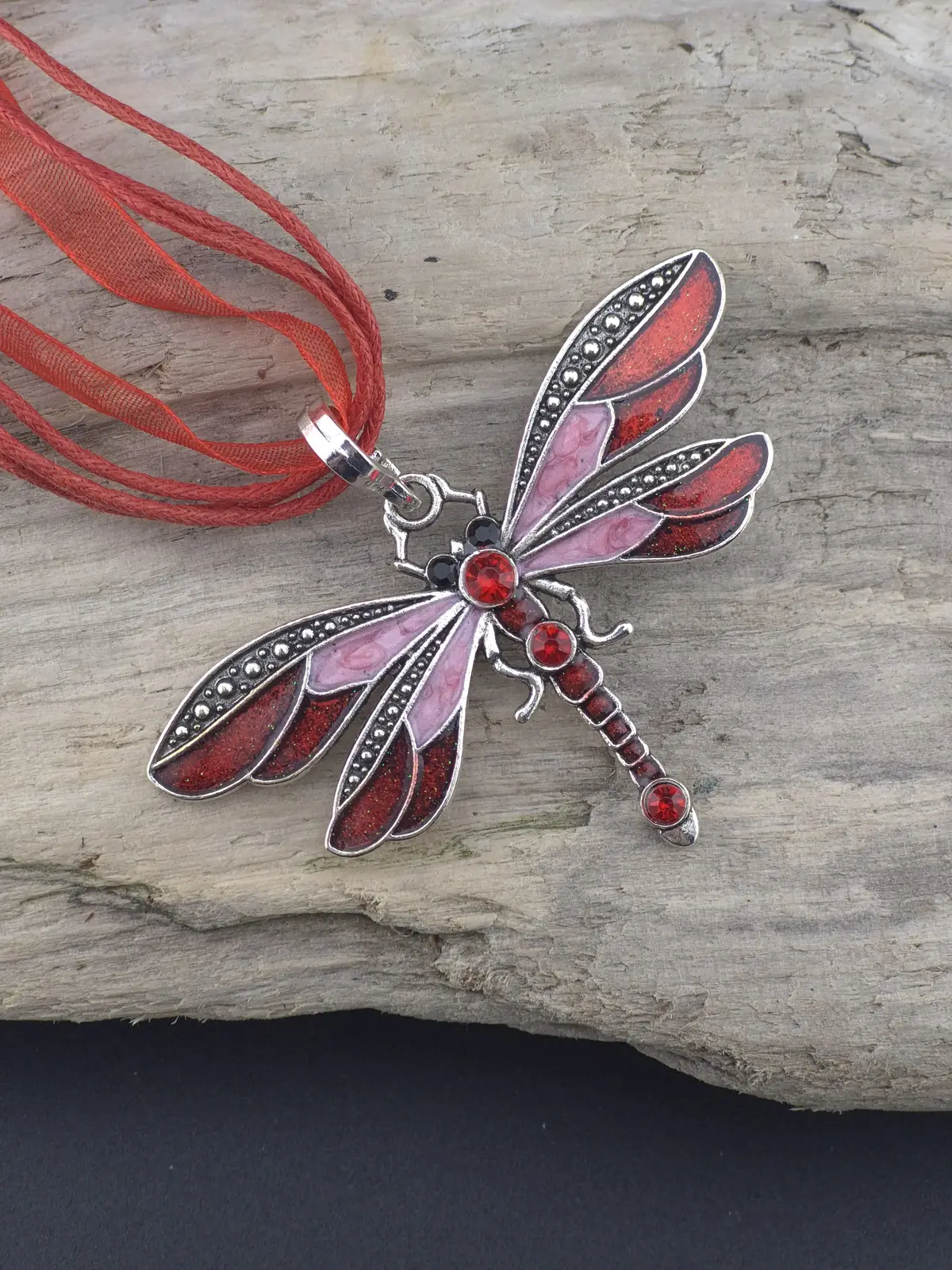 Red Enamel Dragonfly Pendant With Rhinestone Body - Image 2