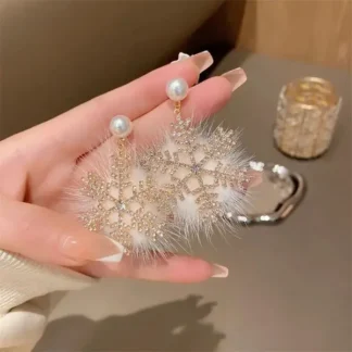 Snowflake Earrings with Fluffy Marabou and Pearl Details