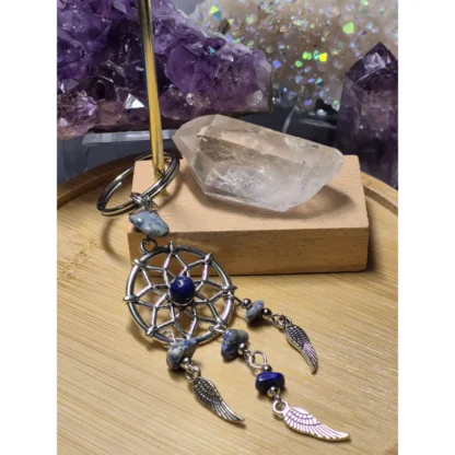 Blue Lapis Lazuli Stone Dream Catcher Keychain with Wing Charms