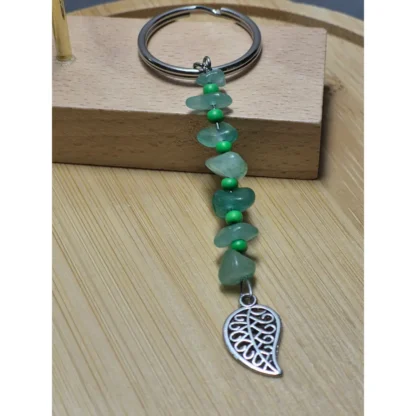 Green Bead & Aventurine Stone Keychain with Leaf Charm