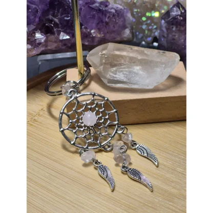 Pink Rose Quartz Stone Dream Catcher Keychain with Wing Charms