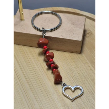 Red Bead & Jasper Keychain with Heart Charm