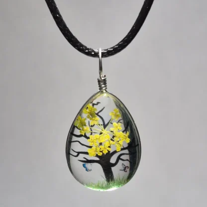 Yellow Dried Flower Teardrop Shaped Resin Pendant