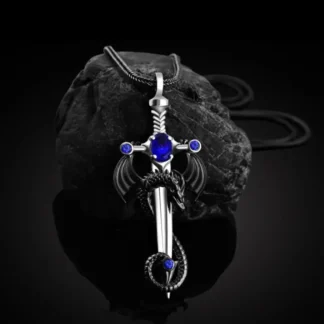 Black Dragon Pendant With Blue Rhinestone Detail On Silvery Sword