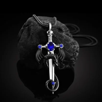 Black Dragon Pendant With Blue Rhinestone Detail On Silvery Sword