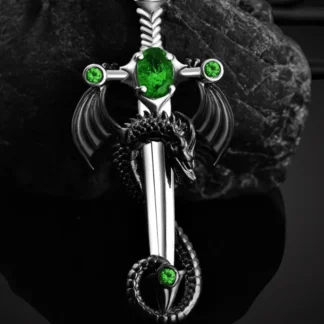 Black Dragon Pendant With Green Rhinestone Detail On Silvery Sword