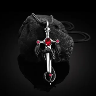 Black Dragon Pendant With Red Rhinestone Detail On Silvery Sword