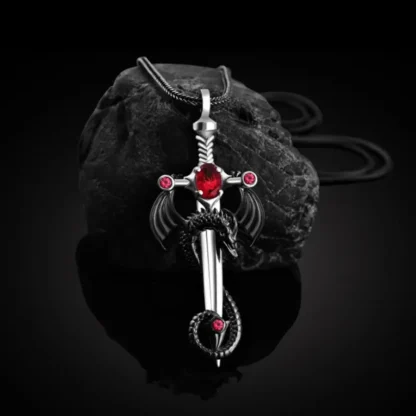 Black Dragon Pendant With Red Rhinestone Detail On Silvery Sword