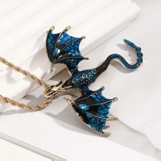 Blue And Black Enamel Dragon Pendant on Golden Chain
