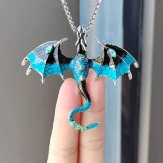 Blue And Black Enamel Dragon Pendant on Silvery Chain
