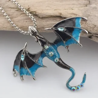 Blue And Black Enamel Dragon Pendant on Silvery Chain