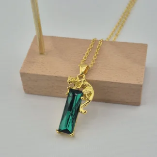 Green Rectangle Synthetic Gem Pendant with Golden Jaguar