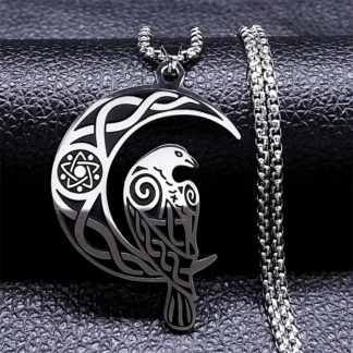 Stainless Steel Disc Raven Pendant On Cresent Moon