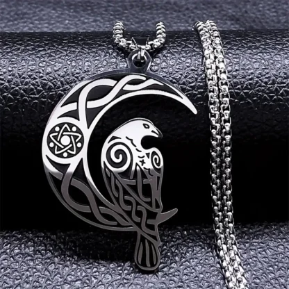 Stainless Steel Disc Raven Pendant On Cresent Moon