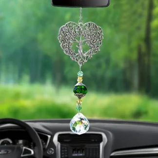 Heart Shaped Silvery Metal Tree Of Life Suncatcher with Green Crystals