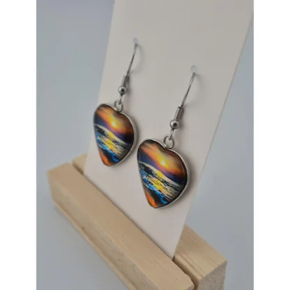 Heart Shaped Sunset Glass Cabochon Earrings - Image 2