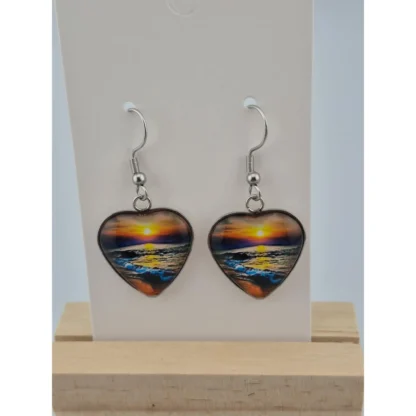 Heart Shaped Sunset Glass Cabochon Earrings