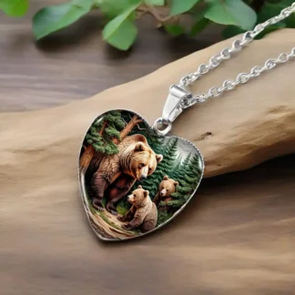 "Grizzly Love" - Bear Family Heart Shaped Cabochon Pendant