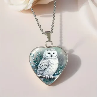 "Snowy Watcher" - Heart Shaped While Owl Cabochon Pendant