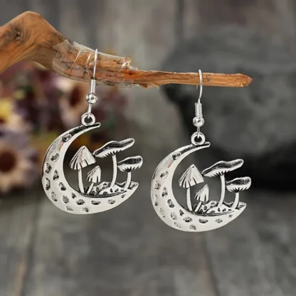 Silvery Mushrooms and Cresent Moon Earrings