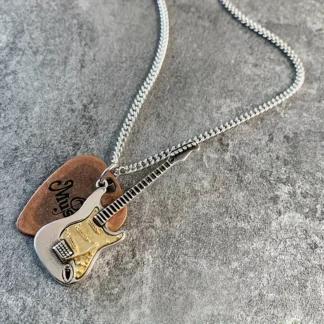 Bronze Guitar Pick Pendant With Guitar