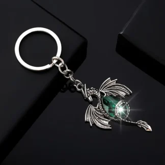 Metal Dragon Keychain with Green Faux Crystal