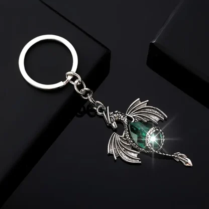 Metal Dragon Keychain with Green Faux Crystal
