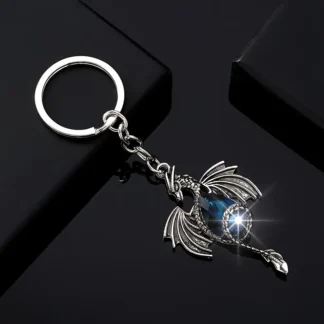Metal Dragon Keychain with Teal Blue Faux Crystal