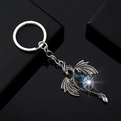 Metal Dragon Keychain with Teal Blue Faux Crystal