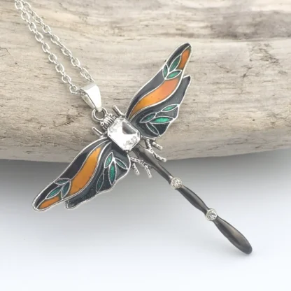 Amber & Emerald Enamel Dragonfly Pendant