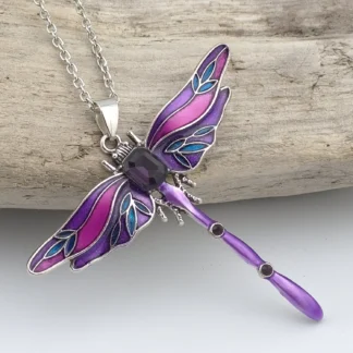 Amethyst Purple Enamel Dragonfly Pendant