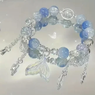 Blue Glass Beads Bracelet with Mermaid Tail Charm
