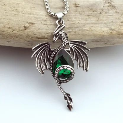 Dragon Pendant With Emerald Green Faux Crystal