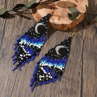 Blue Cresent Moon Beaded Dangle Earrings