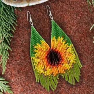 Green Beaded Dangle Sunflower Earrings
