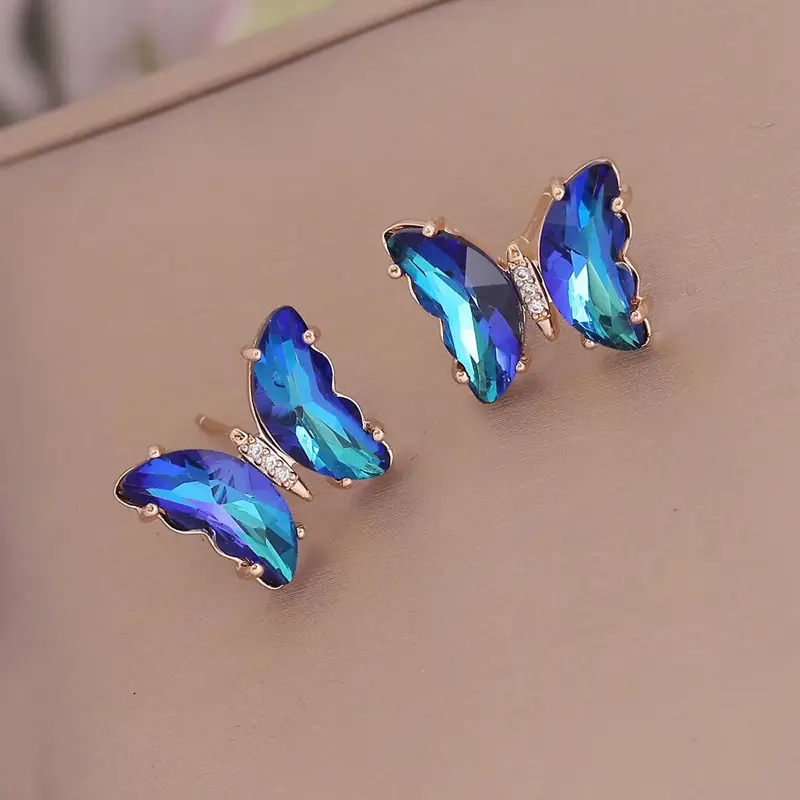 Blue Faux Crystal Butterfly Earrings