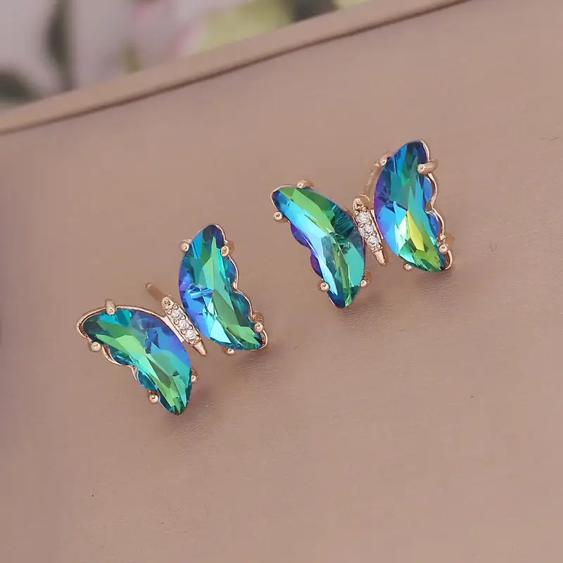 Green Faux Crystal Butterfly Earrings