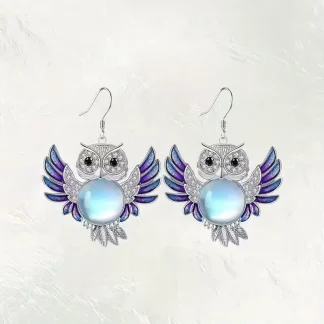 Purple Enamel Owl Earrings with Rhinestones and Faux Moonstone Center