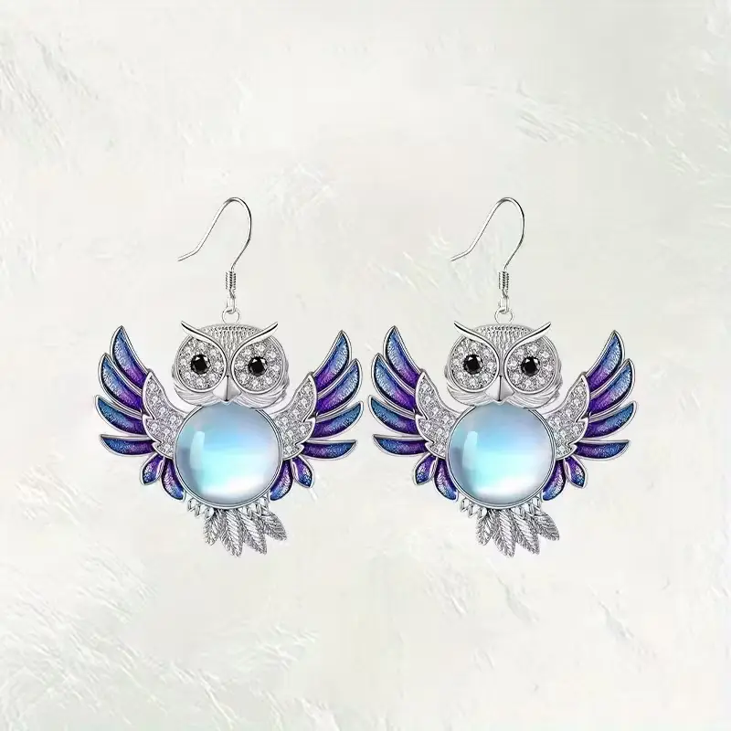 Purple Enamel Owl Earrings with Rhinestones and Faux Moonstone Center