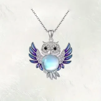 Purple Enamel Owl Pendant with Rhinestones and Faux Moonstone Center
