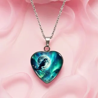 Heart-shaped raven, full moon, and aurora sky cabochon earrings