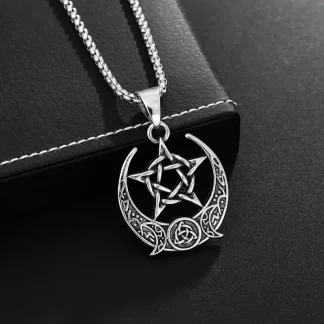 Silvery Pentacle and Triple Moon Pendant with Celtic Knot Detail