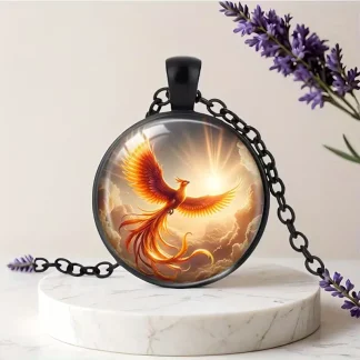 Phoenix Cabochon Pendant on a Black Chain