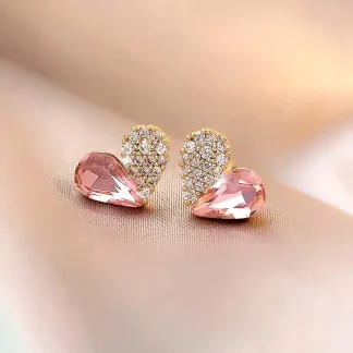Pink Rhinestone Heart Stud Earrings