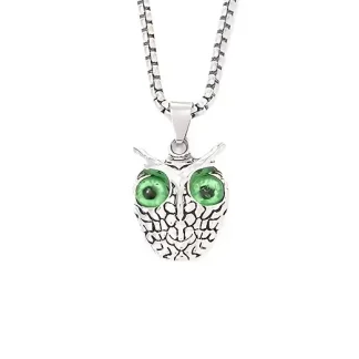 Silvery Owl Pendant With Green Eyes